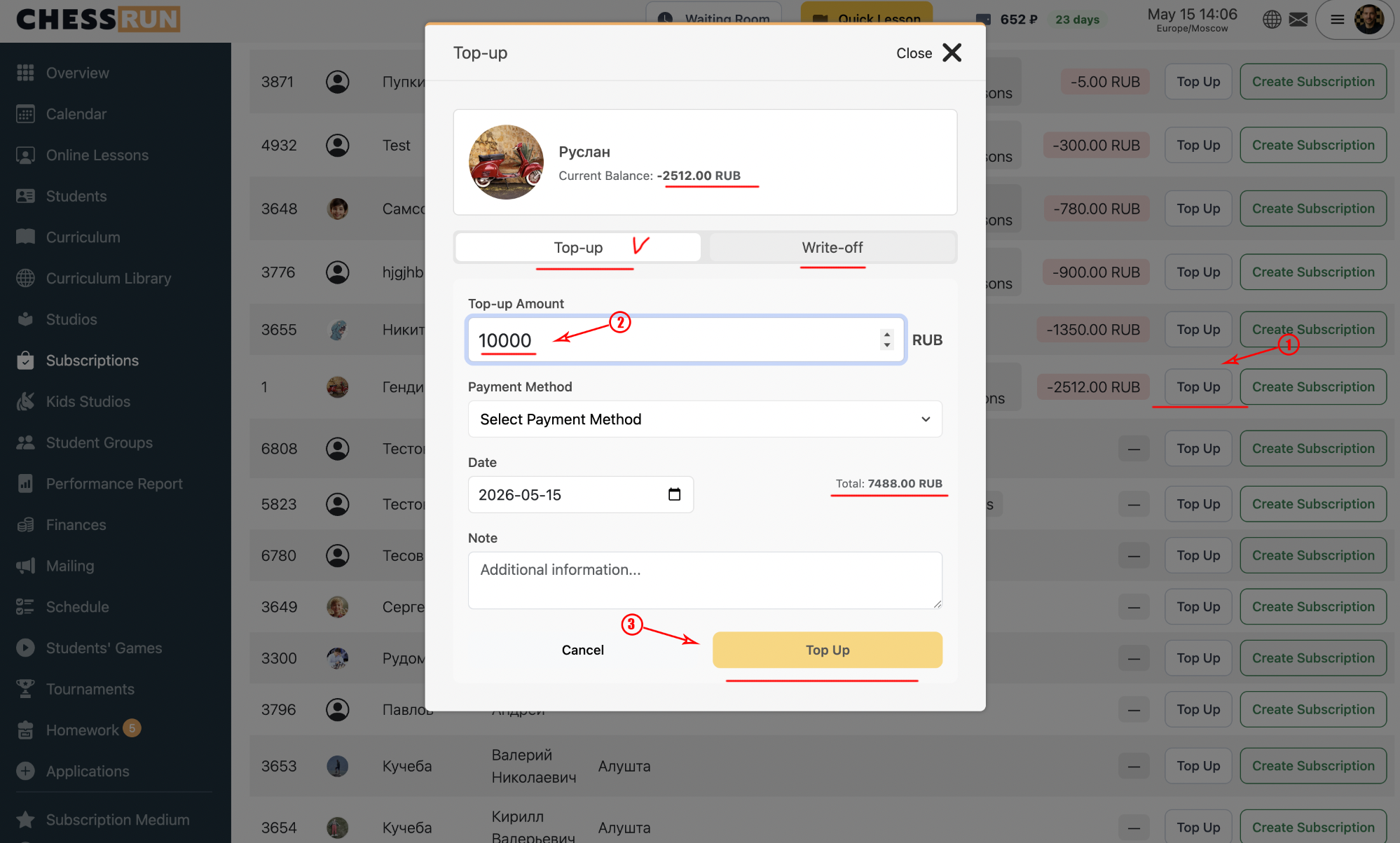 Manually top up the student's balance