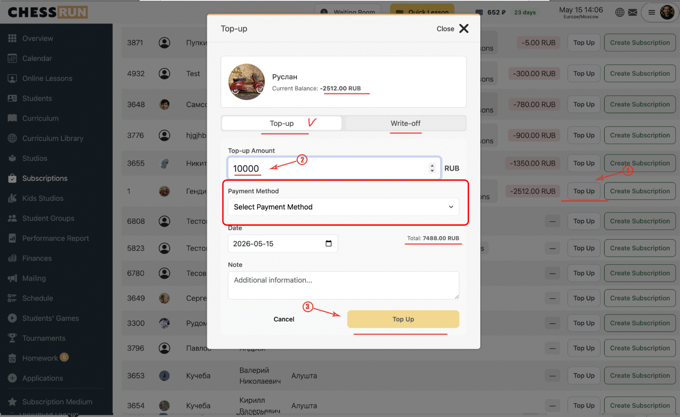 Use the payment type for topping up or adjusting a student balance