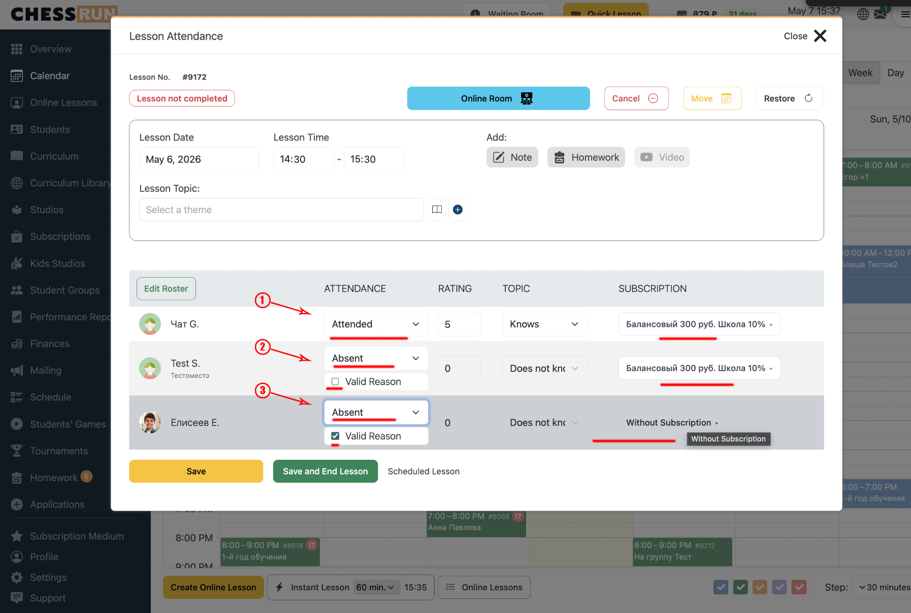 Open the lesson completion window