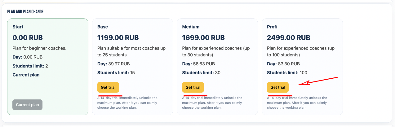 Check the status of trial or free tariff