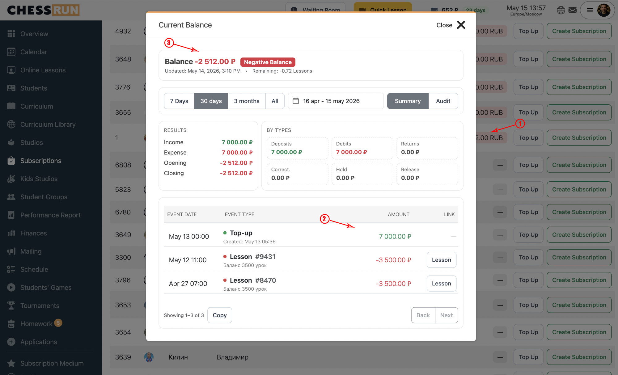 View the student's balance transaction history